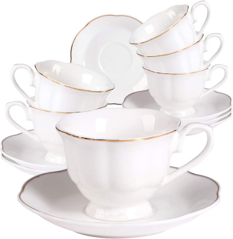 Guangyang 12 Pieces Tea Cup set Fine Porcelain 6oz Cup and Saucer set of 6 for Cappuccino Tea Flat White Coffee - Image 1